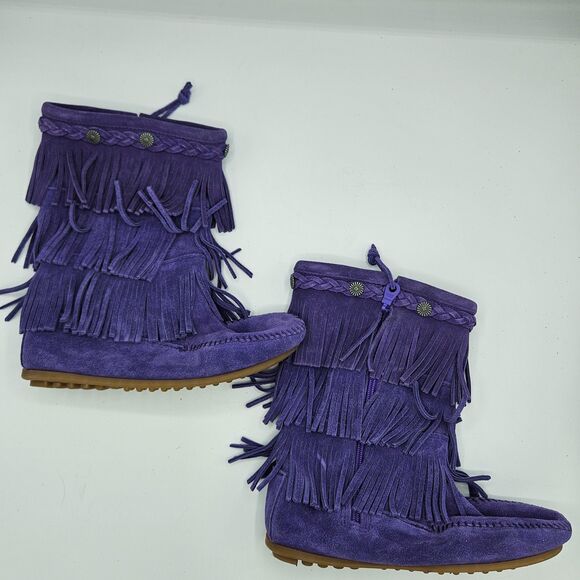Minnetonka 3-Layer Fringe Boots Purple Suede Zip Up Girls Size 4 Leather Upper‎ - Picture 2 of 6